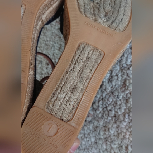 TORY BURCH Knotted Bow Wedge Espadrille Platform Sandal Black/NAVY/ Tan SIZE 6.5 - Picture 15 of 16